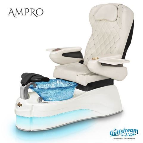 Gulfstream Ampro pedicure chair in white base, blue bowl, 9660 white with crystals & LED lights installed