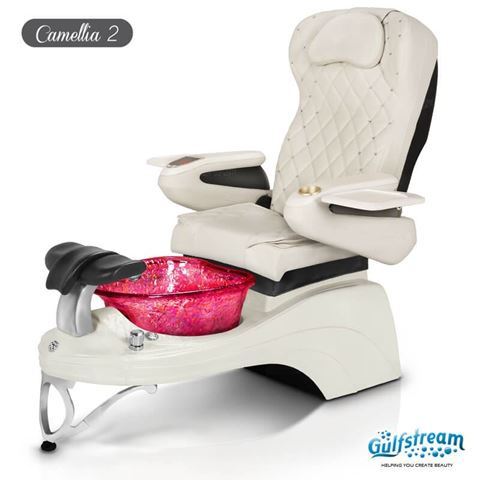 Gulfstream Camellia 2 pedicure chair in white base, wine bowl & pearl white with crystals