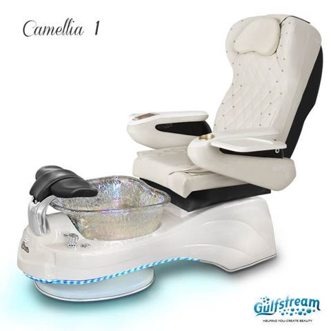 Gulfstream Camellia 1 in white base, clear bowl, 9660 pearl white with crystals, LED lights installed