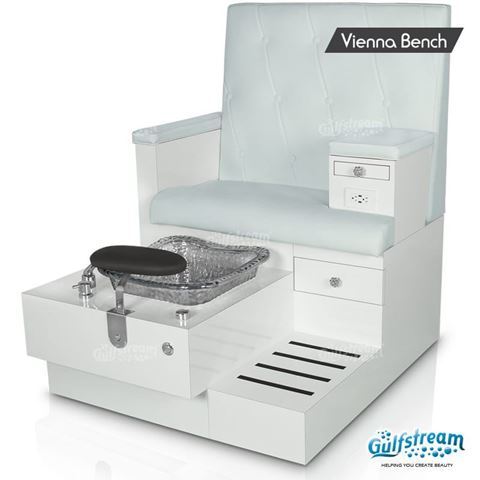 Gulfstream Vienna pedicure bench in white base, clear bowl, style 30 bone color