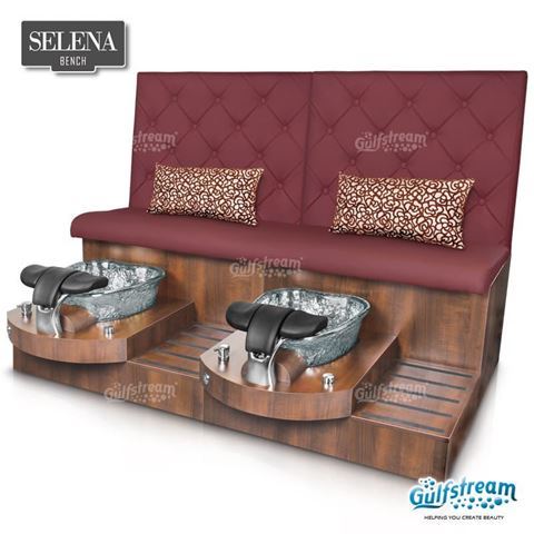 Selena Double pedicure bench in caramel base, clear bowl, style 30 hollyhock