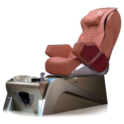 a cappuccino massage chair and silver pedicure base