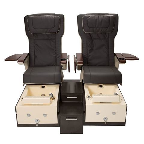 T-1000 pedicure bench in brown laminate base, white sinks and espresso chairs