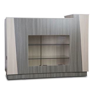 cream & grey Tiffany reception desk with glass shelves