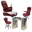 chocolate pedicure chair, T-105 nail table, G006 guest chair and TC003 technician stool in burgundy color