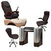 chocolate pedicure chair, T-105 nail table, G006 guest chair and TC003 technician stool in brown color