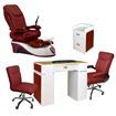 Cloud 9 salon package includes: Cloud 9 spa chair, T39g nail table, D39 pedi cart, G008 customer chair and TC008 tech stool in burgundy color