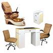 Cloud 9 salon package includes: Cloud 9 spa chair, T39g nail table, D39 pedi cart, G008 customer chair and TC008 tech stool in cappuccino color