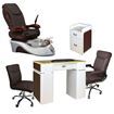 Cloud 9 salon package includes: Cloud 9 spa chair, T39g nail table, D39 pedi cart, G008 customer chair and TC008 tech stool in Chocolate color