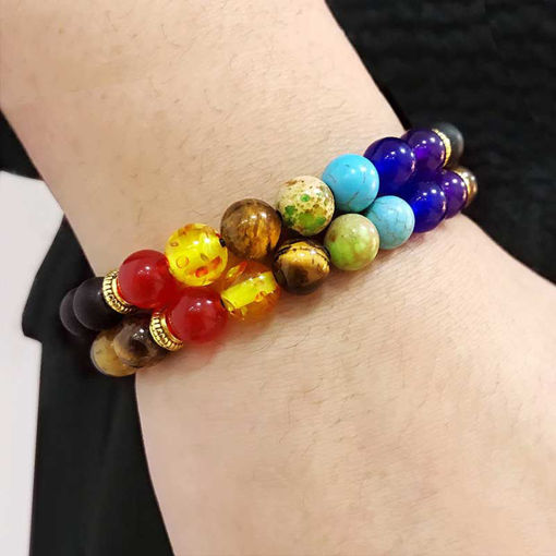 Picture of 2pc-set 7 Chakra Natural Lava Rock Stone Healing Bracelet