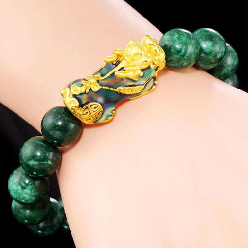 Picture of Golden PIXIU Green Stone Beads Feng Shui Bracelet