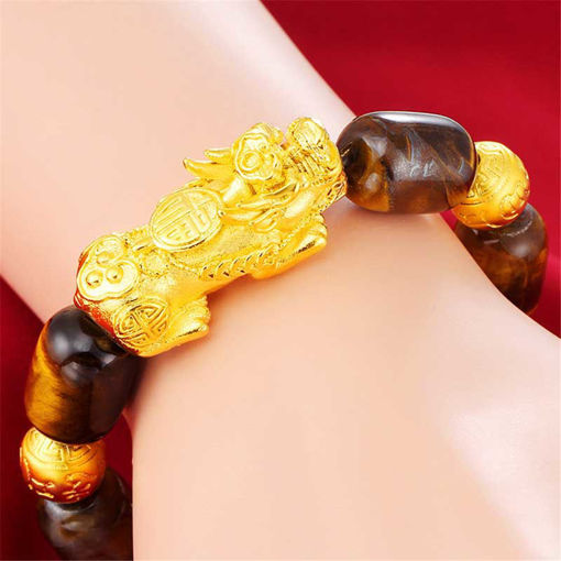 Picture of Tiger Eyes Stone Beads  Gold Yellow Pixiu Wealth Bracelet