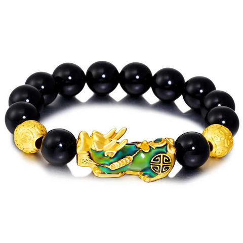 Picture of Obsidian Stone Beads Wristband Gold Black Pixiu Feng Shui Bracelet
