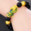 Picture of Obsidian Stone Beads Wristband Gold Black Pixiu Feng Shui Bracelet