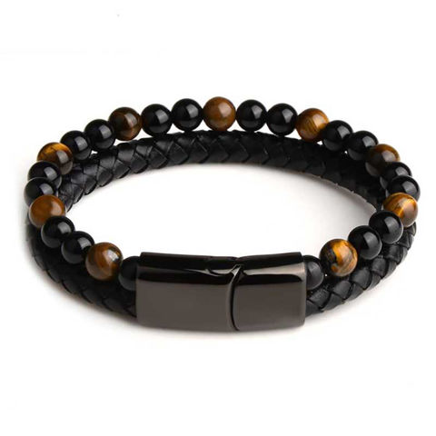 Picture of Genuine Leather Braided Black Stainless Steel Magnetic Clasp Tiger Eye Bracelet