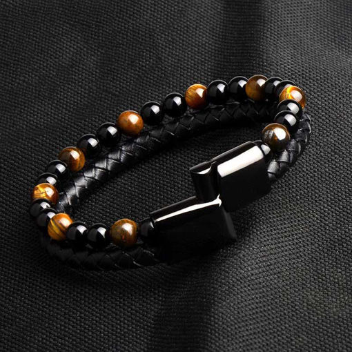 Picture of Genuine Leather Braided Black Stainless Steel Magnetic Clasp Tiger Eye Bracelet