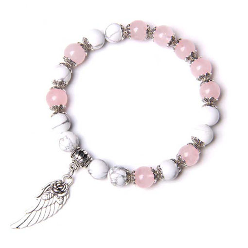 Rose Quartz Natural Stone 8mm White Angel Wing Charm Pendant Bracelet