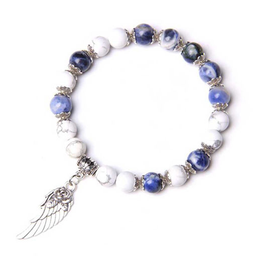 Sodalite Natural Stone 8mm White Angel Wing Charm Pendant Bracelet