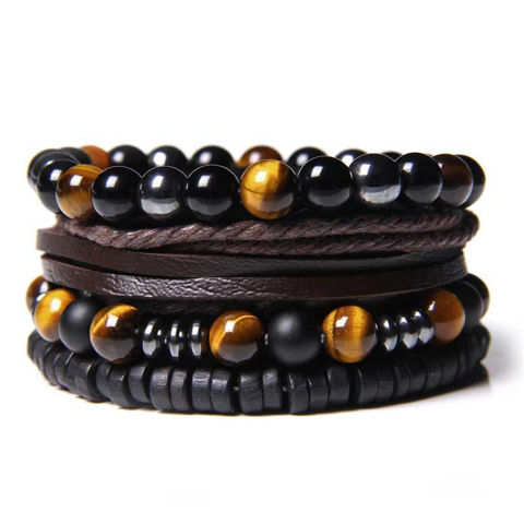 Picture of Set Polished Black Onyx Beads Bracelet Men Leather Bracelet