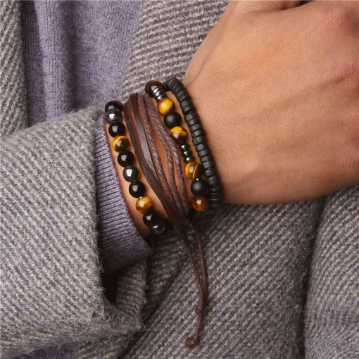 Picture of Set Polished Black Onyx Beads Bracelet Men Leather Bracelet