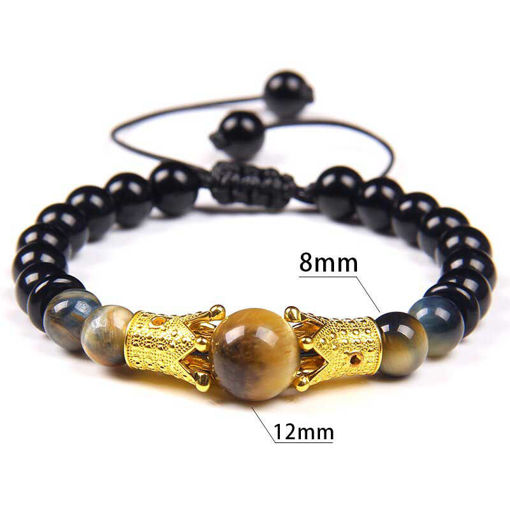 Adjustable Braided Gold Tiger Eye CZ Crown Charms 8MM Gemstones Bracelet