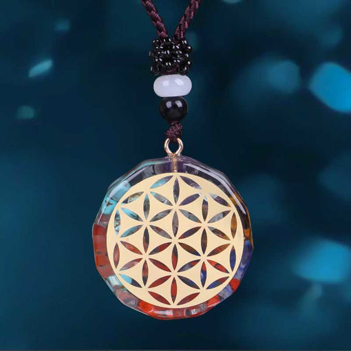 Picture of Mulany MN108 7 Chakra Flower of Life Orgonite Necklace