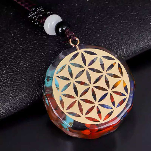 Picture of Mulany MN108 7 Chakra Flower of Life Orgonite Necklace