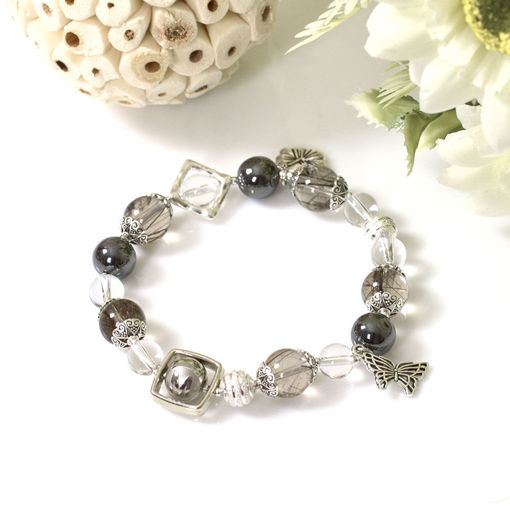 Picture of Mulany MB8054 Black Rutilated Quartz With Silver Charm Healing Bracelet