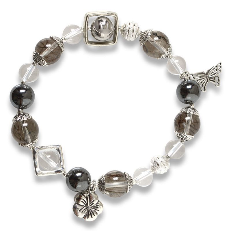 Picture of Mulany MB8054 Black Rutilated Quartz With Silver Charm Healing Bracelet