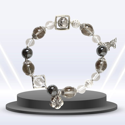 Picture of Mulany MB8054 Black Rutilated Quartz With Silver Charm Healing Bracelet