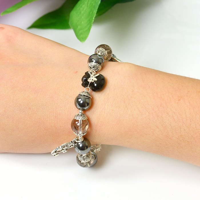 Picture of Mulany MB8072 Black Rutilated Quartz With Money Bag Charm Healing Bracelet