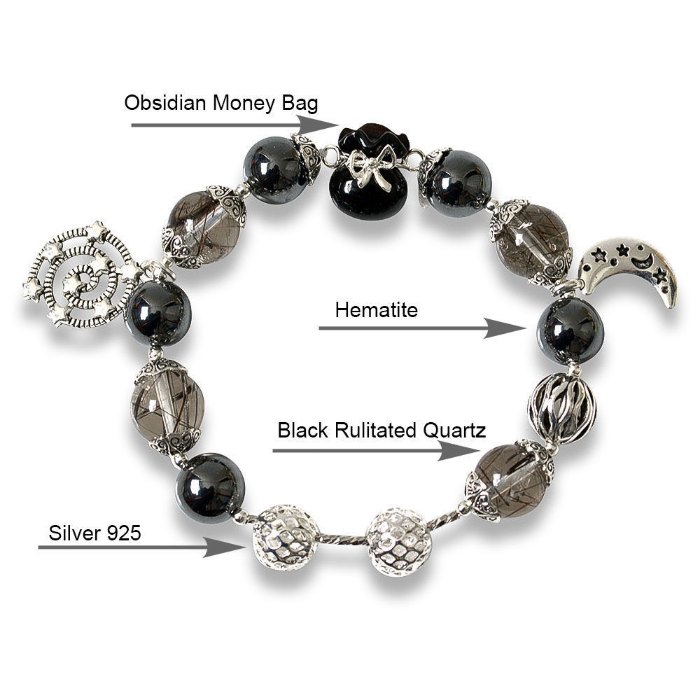 Picture of Mulany MB8072 Black Rutilated Quartz With Money Bag Charm Healing Bracelet