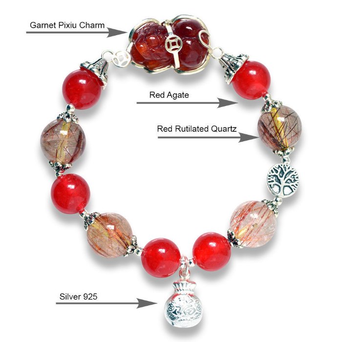 Picture of Mulany MB8081 Red Rutilated Quartz, Agate & Pixiu Charm Healing Bracelet