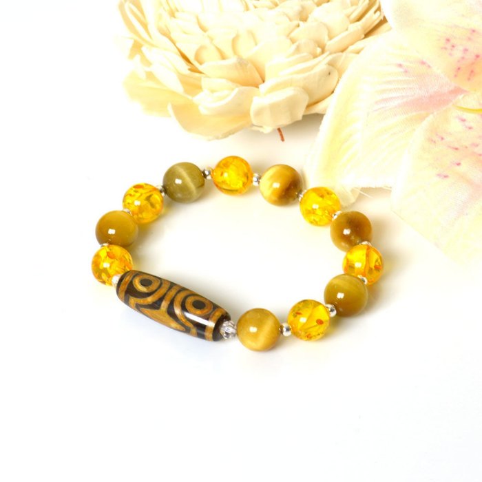 Picture of Mulany MB8011 Tiger Eye, Amber With Dzi Charm Healing Bracelet