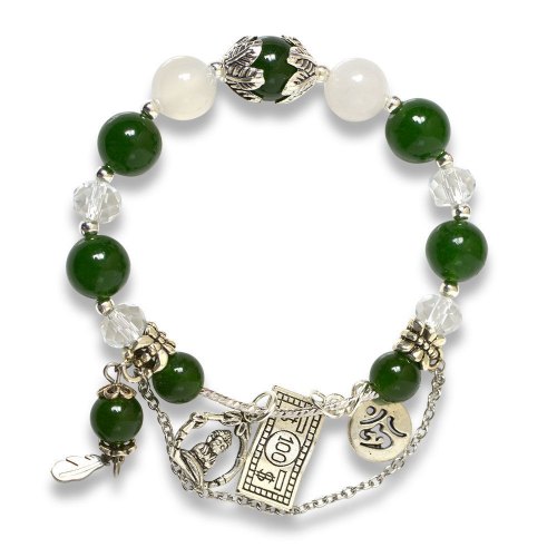 Picture of Mulany MB8038 Green Jade With Silver Charm Healing Bracelet