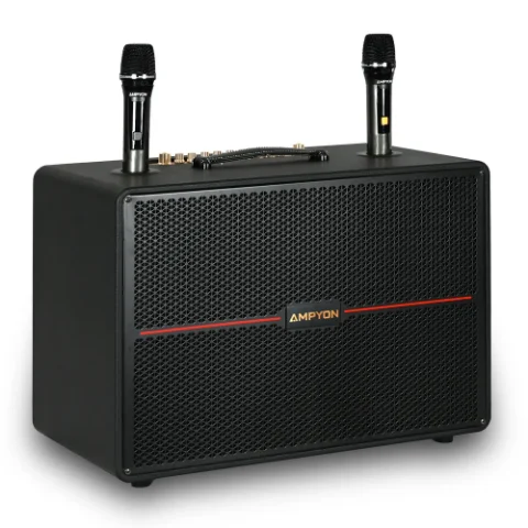 Ampyon Starboks III portable karaoke speaker with dual wireless microphones, angled view