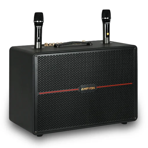 Ampyon Starboks III portable karaoke speaker with dual wireless microphones, angled view