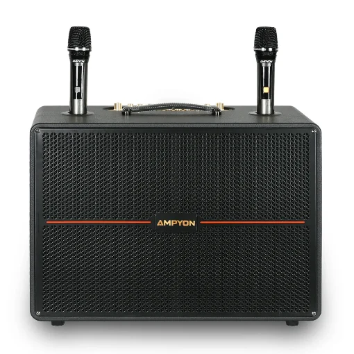 Ampyon Starboks III portable karaoke speaker with dual wireless microphones, front view