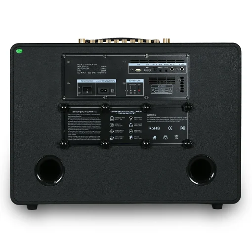 Back view of Ampyon Starboks III portable karaoke speaker showing input ports, power switch, and battery indicators