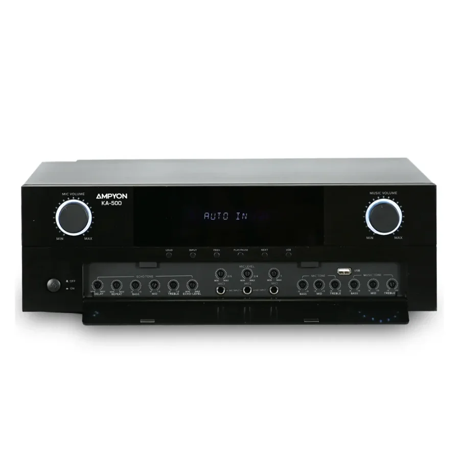 Ampyon KA-500 karaoke mixing amplifier front view showing LED display, mic volume control, music volume knob, and built-in echo tone adjustment panel
