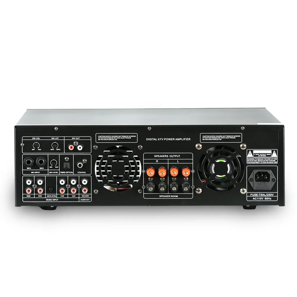 Rear view of Ampyon KA-500 digital karaoke power amplifier showing speaker outputs, microphone inputs, HDMI, optical, coaxial, RCA inputs, cooling fans, and power connector