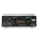 Rear view of Ampyon KA-500 digital karaoke power amplifier showing speaker outputs, microphone inputs, HDMI, optical, coaxial, RCA inputs, cooling fans, and power connector