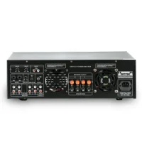 Rear view of Ampyon KA-500 digital karaoke power amplifier showing speaker outputs, microphone inputs, HDMI, optical, coaxial, RCA inputs, cooling fans, and power connector