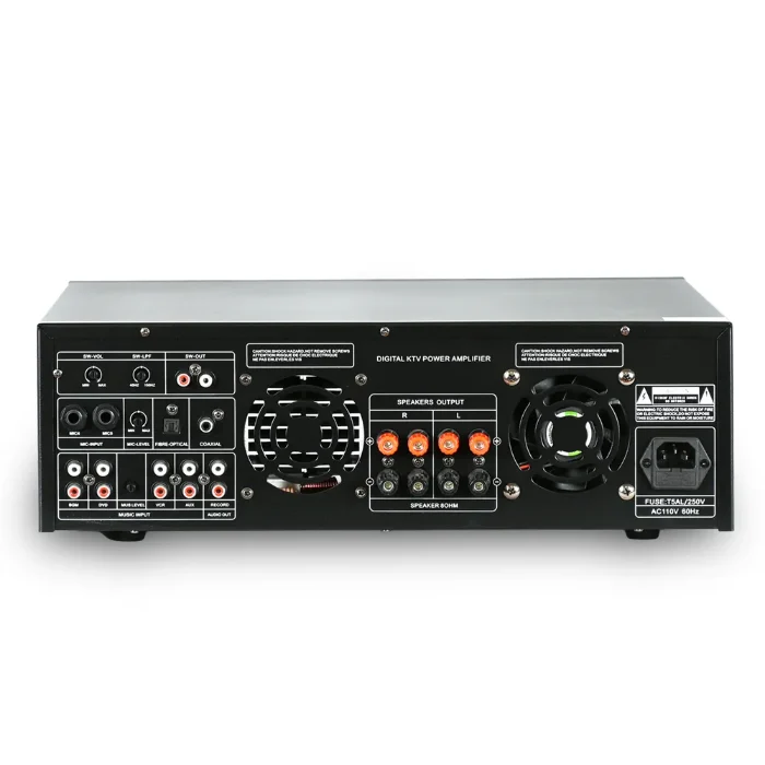 Rear view of Ampyon KA-500 digital karaoke power amplifier showing speaker outputs, microphone inputs, HDMI, optical, coaxial, RCA inputs, cooling fans, and power connector