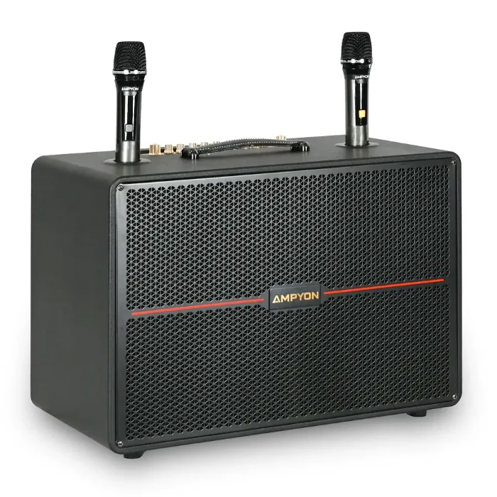 Ampyon Starbox III portable karaoke speaker with dual wireless microphones, angled view