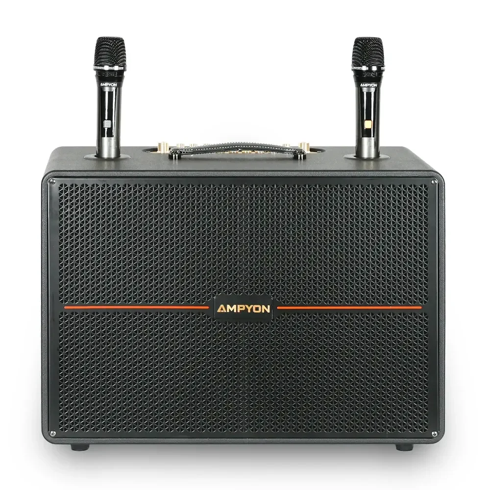 Ampyon Starbox III portable karaoke speaker with dual wireless microphones, front view