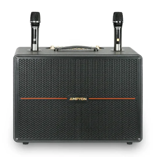 Ampyon Starbox III portable karaoke speaker with dual wireless microphones, front view