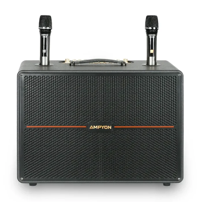 Ampyon Starbox III portable karaoke speaker with dual wireless microphones, front view