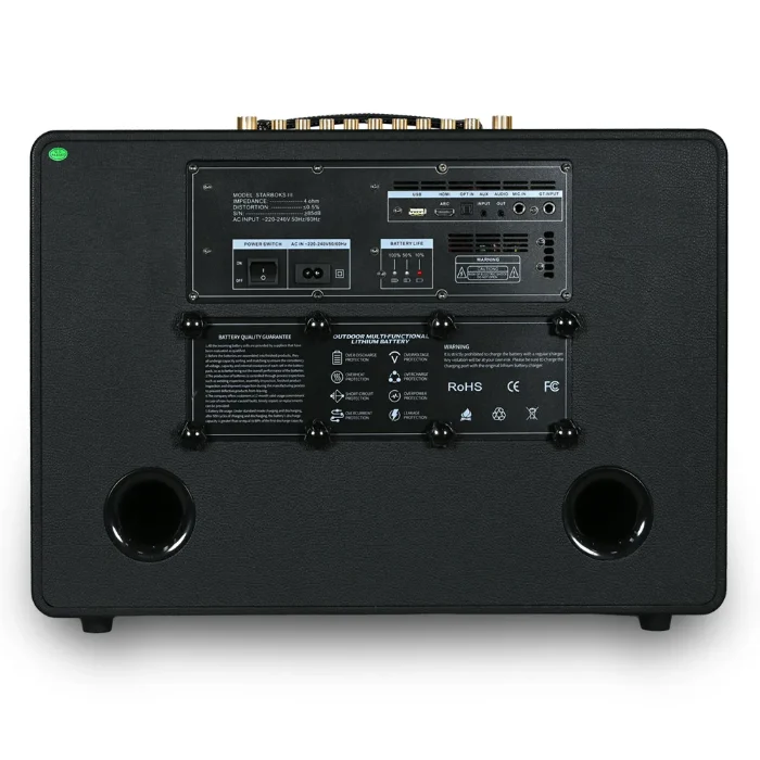 Back view of Ampyon Starbox III portable karaoke speaker showing input ports, power switch, and battery indicators