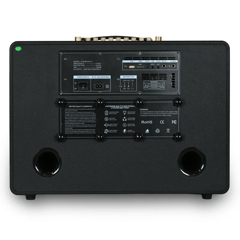 Back view of Ampyon Starbox III portable karaoke speaker showing input ports, power switch, and battery indicators
